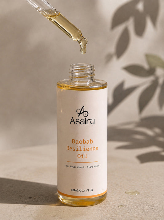 aobab Resilience Oil dripping down bottle, lightweight facial oil texture