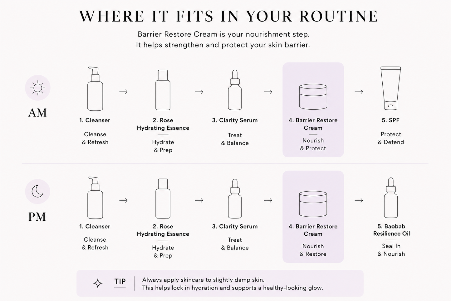 Diagram showing Barrier Restore Cream as the final step in a 4-step Asairu routine:
cleanse, essence, serum, cream