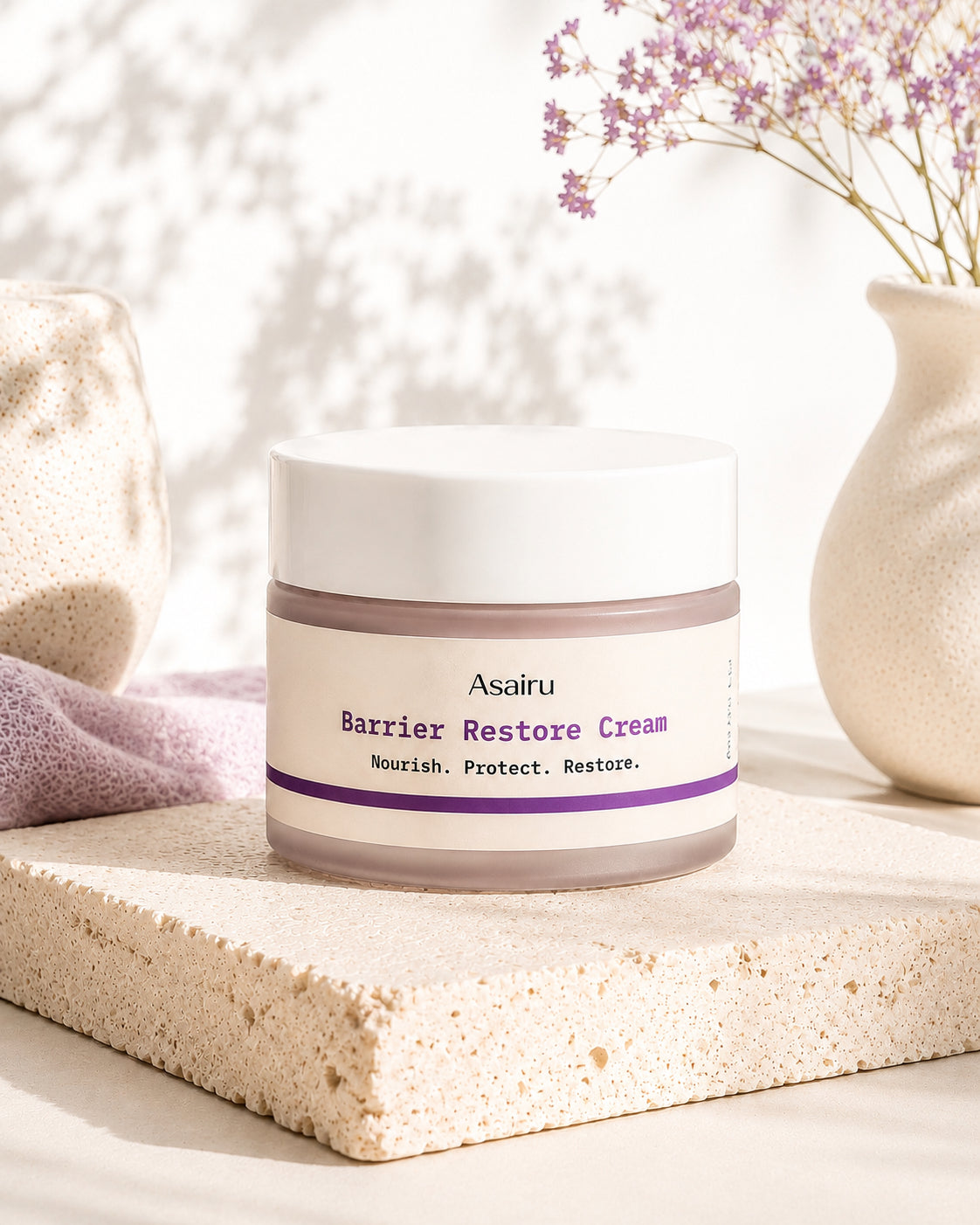 Barrier Restore Cream jar styled with dried flowers on stone surface
