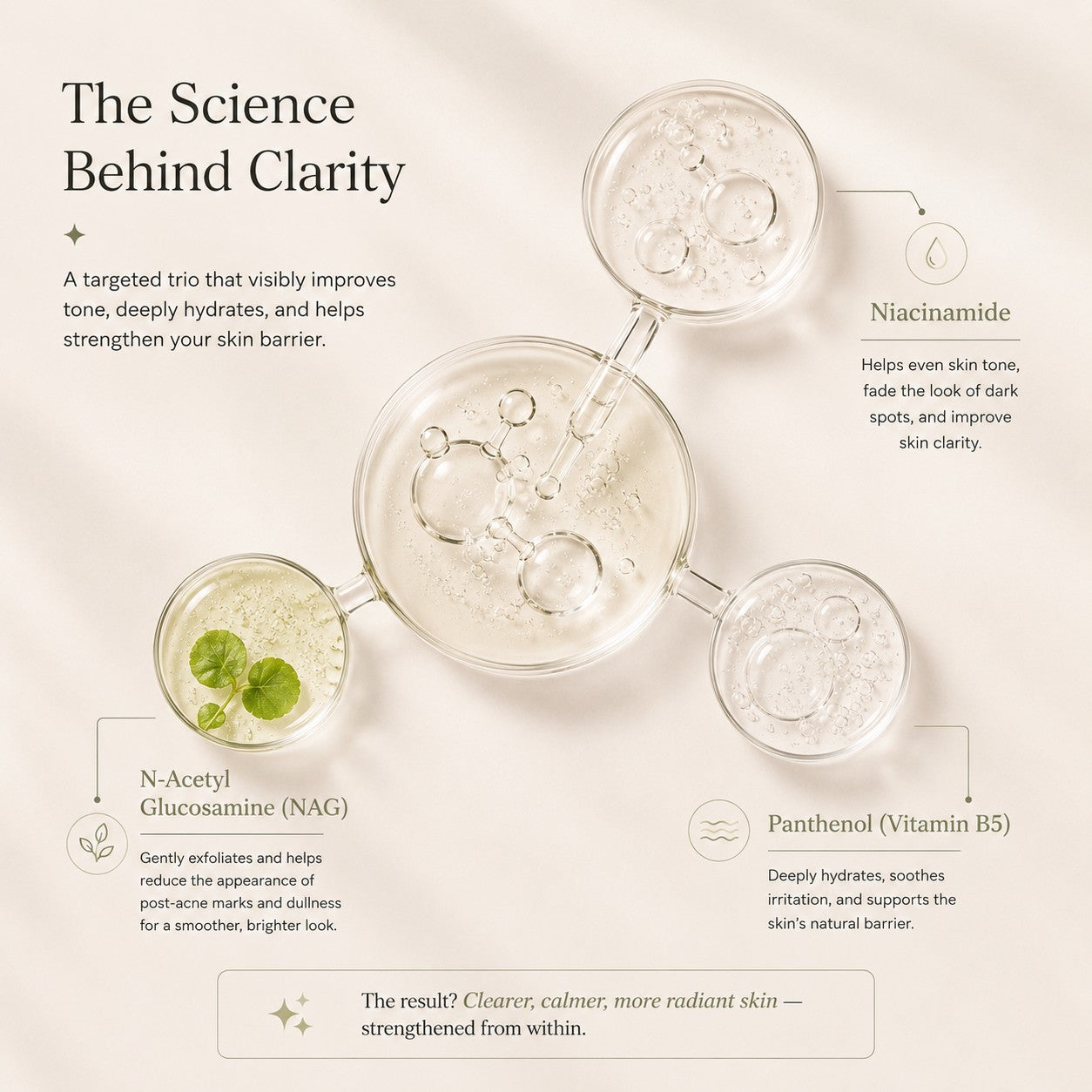 The Science Behind Clarity: niacinamide, NAG and panthenol shown as molecular
illustrations