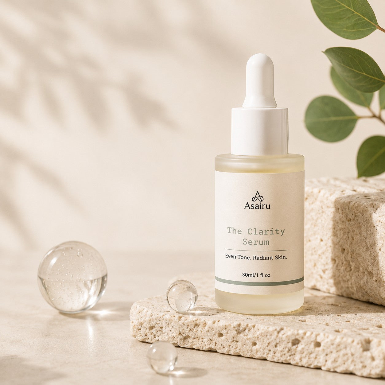 Clarity Serum bottle styled with natural stone and eucalyptus leaves