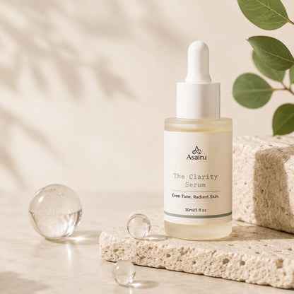 Clarity Serum bottle styled with natural stone and eucalyptus leaves