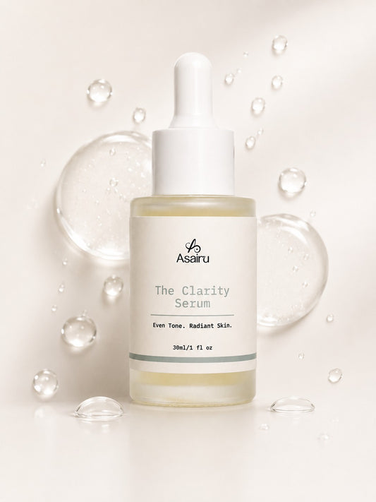The Clarity Serum bottle with water droplets, lightweight formula