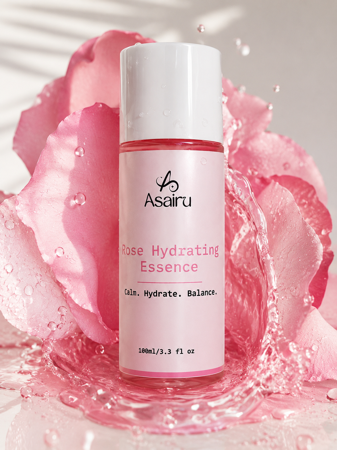 Asairu Rose Hydrating Essence bottle with rose petals and water splash