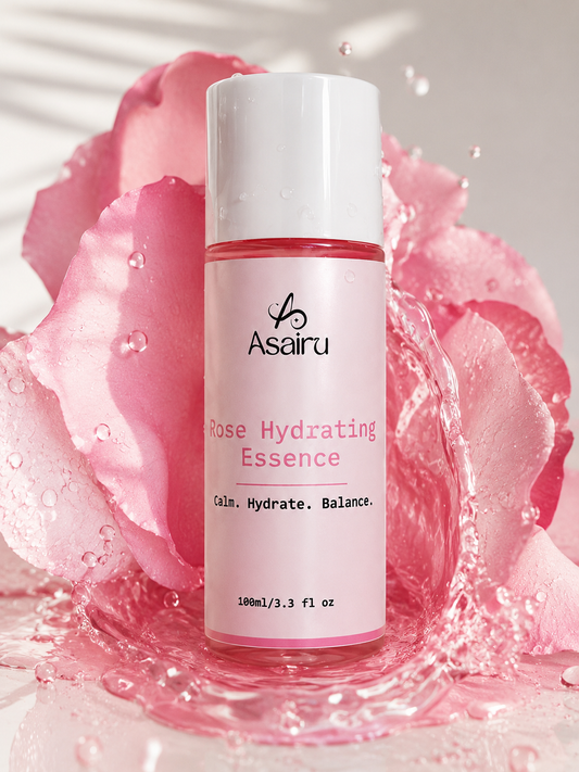 Asairu Rose Hydrating Essence bottle with rose petals and water splash